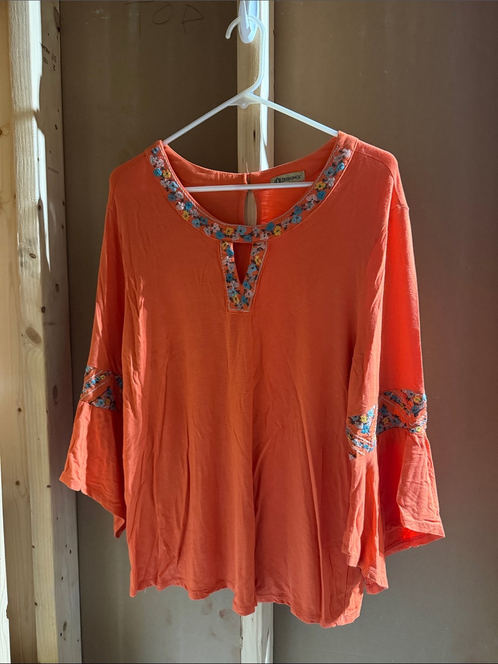 Democracy Coral Orange Embroidered Bell-Sleeve Tunic